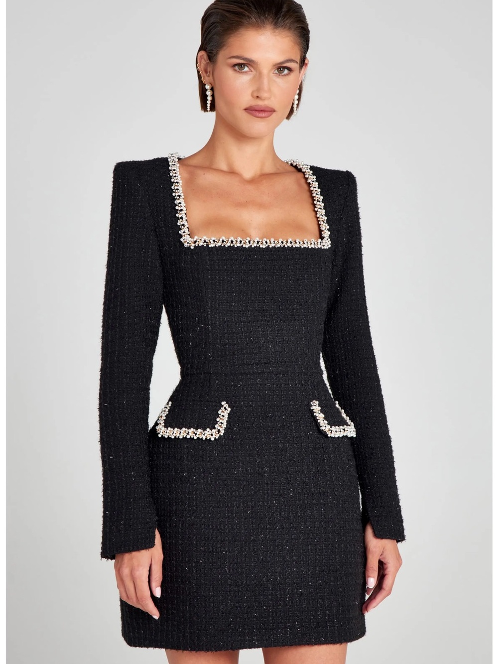 NADINE MERABI Black Tweed Square-Neck Mini with Pearl Trim